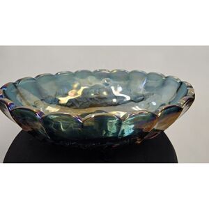 Vintage Carnival Glass Iridescent Blue Harvest Grape Oval Footed‎ Fruit Bowl
